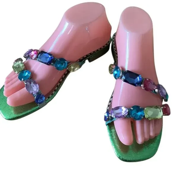 BETSEY JOHNSON WILLET BEJEWELED GREEN METALLIC SLIDES 6.5 - Picture 4 of 10